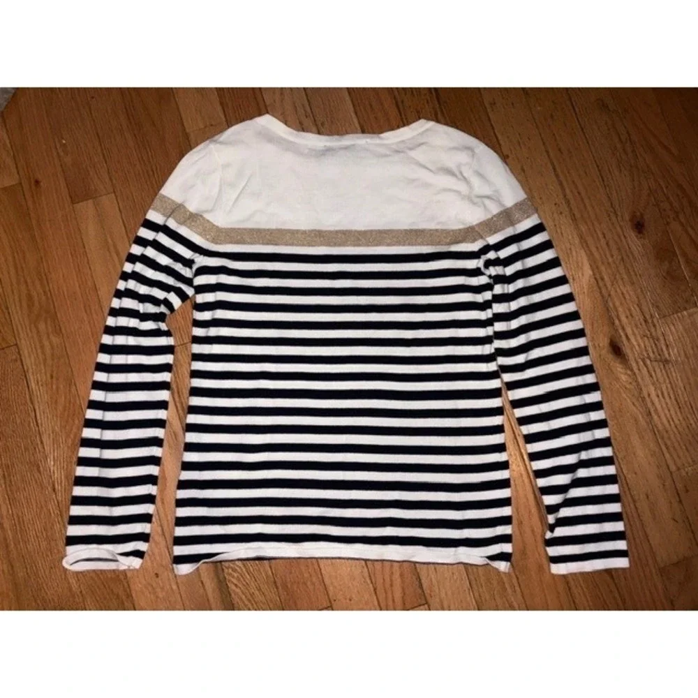 Tommy Hilfiger Womens Small Navy White Striped Knit Top Gold Accent L/S T57-2
